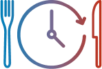 TALZENNA® (talazoparib) + XTANDI® (enzalutamide) once daily oral treatment graphic, represented by a clock flanked by a knife and fork